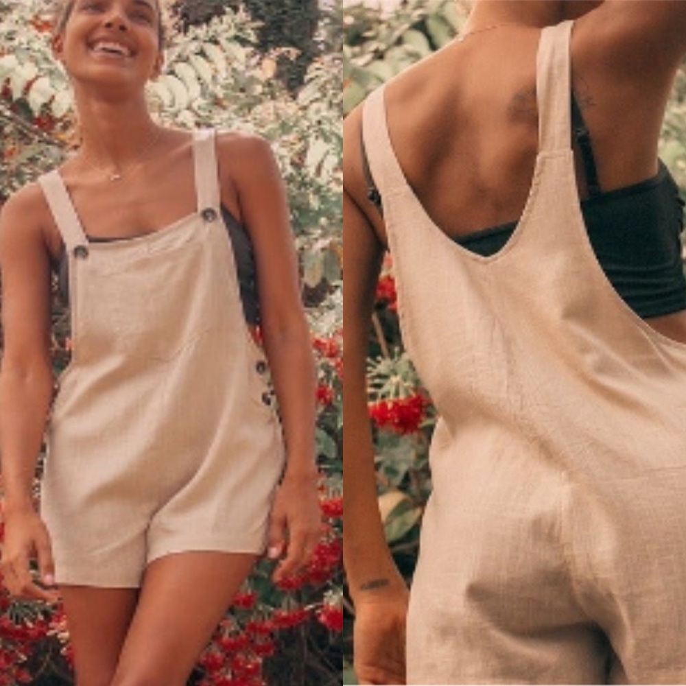 Lulus Up with the sun beige soft linen blend short overalls